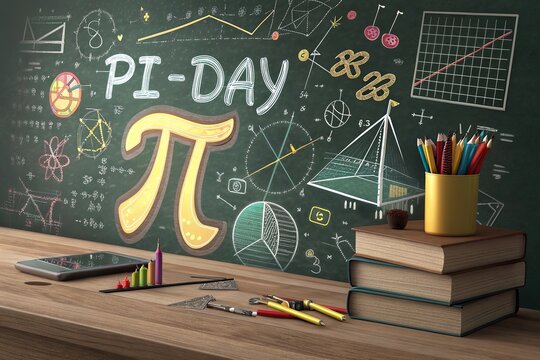 School study desk with chalkboard celebrating Pi Day math Resolution.
