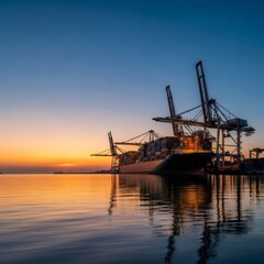 Obraz premium Container ship docked at a commercial port during a vibrant sunset. Global logistics and cargo transportation concept for international trade and supply chain.