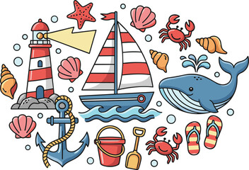Naklejka premium Nautical adventure vector collection featuring a sailboat lighthouse anchor whale and beach vacation elements like sea shells and crabs.