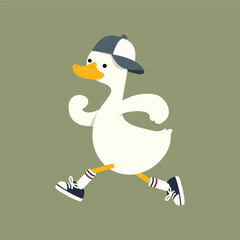 Whimsical Jogging Duck Illustration with Cute Hand Drawn Animal Character Wearing Sneakers and Cap. Adorable Active Theme for Kids Apparel, Nursery Wall Art, and Sport Posters. Vector Art. © NEMR Studio