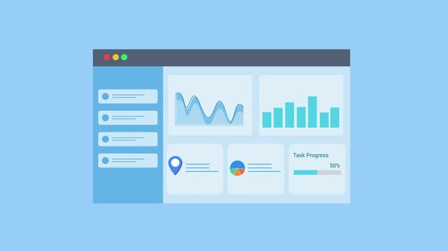 Animated flat dashboard interface displaying charts, graphs, and data panels inside a browser window. Concept of data analytics, business reporting, statistics monitoring, and digital technology visua