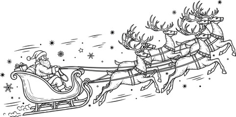 Vintage style Christmas line art vector of Santa Claus flying in sleigh with reindeer stars and snowflakes for coloring © Vector Design Hub