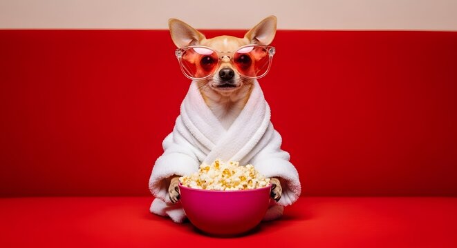 A dog in a bathrobe and sunglasses enjoying popcorn