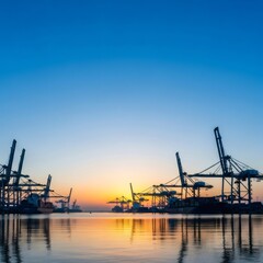 Obraz premium Container ship silhouetted by sunset in a commercial port, with crane loading and unloading freight. Global logistics and cargo transportation concept.