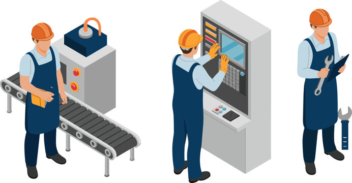 Industrial workers operating factory machines, technician controlling manufacturing equipment and maintenance engineer inspecting production line automation illustration