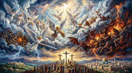 Naklejka premium Celestial Battle of Angels and Demons Biblical Crucifixion Scene with Spiritual Warfare and Divine Judgment