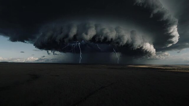 Dark storm cloud over dry land.