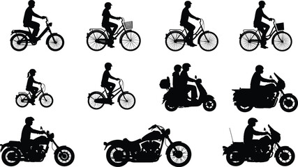 Obraz premium Large collection of black silhouettes featuring people riding bicycles, city bikes, scooters, and heavy motorcycles isolated on white background, urban transportation vector illustration set.