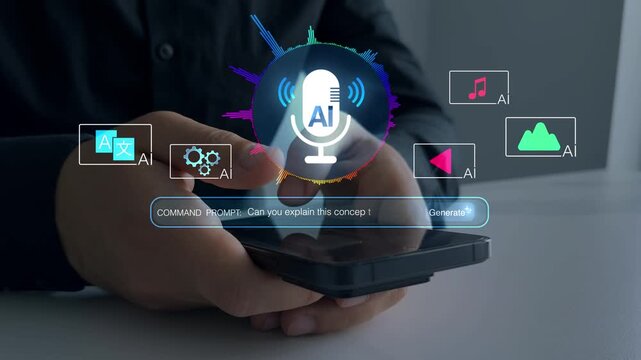 AI assistant voice chat interface.Digital communication with Chatbot, speech recognition, smart technology enabling natural conversation.Person interacting through microphone with AI Agent voice chat.