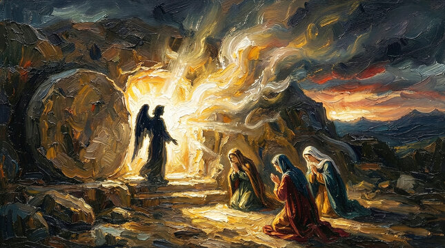 Resurrection of Jesus Christ Dramatic Oil Painting with Angel, Women at the Tomb, and Divine Light