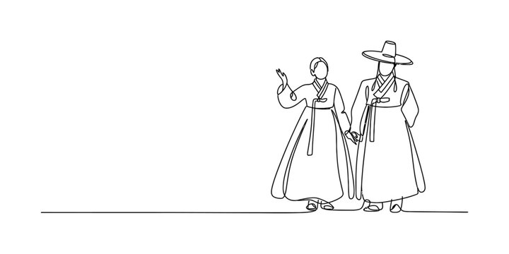 Continuous line art illustration depicting a korean couple wearing traditional hanbok and holding hands Vector, illustration