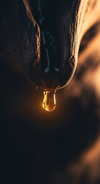 Macro detail of glowing golden resin droplet falling from dark wood, pure natural botanical essential oil extract concept.