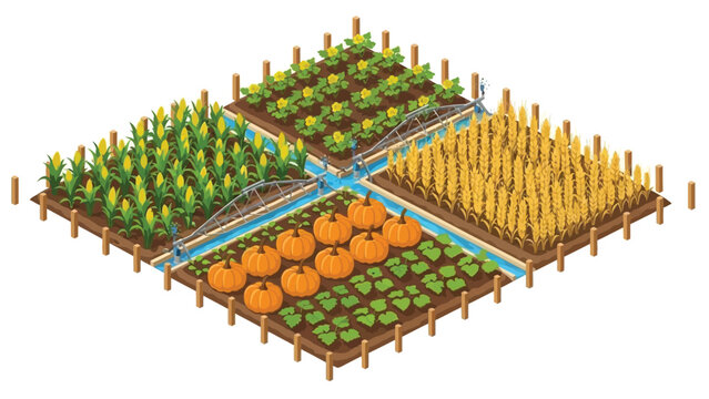 Pixel art illustration of a divided garden with various crops and blue irrigation channels on a white background.