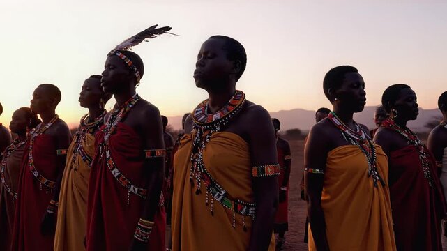 African Women in Traditional Beaded Jewelry Singing at Sunset