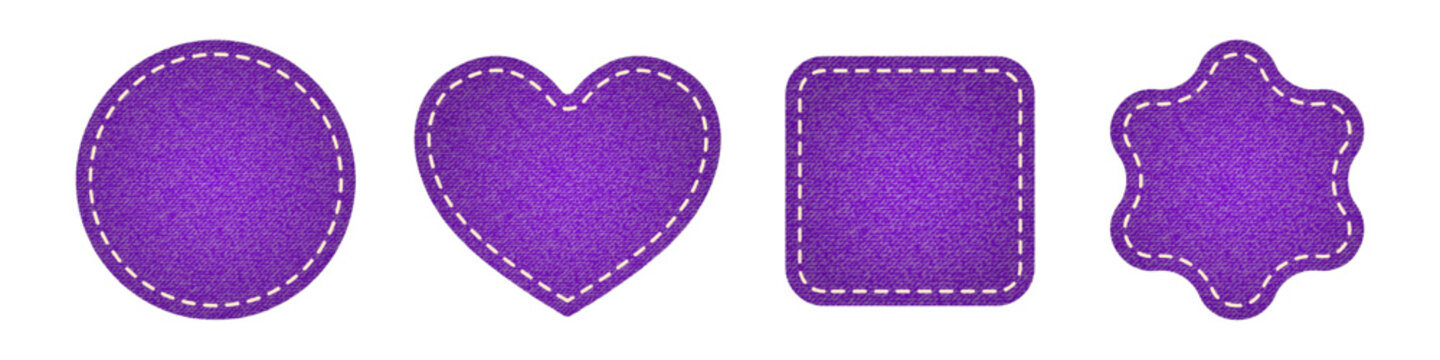 Four purple denim texture patch shapes with dashed line stitching
