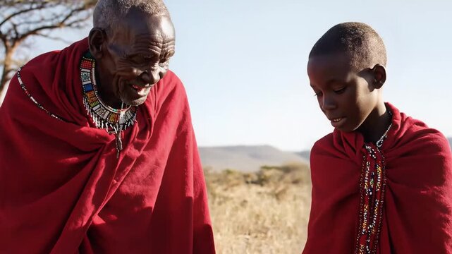 Maasai Elder Teaching Young Boy About Native Plants in Savannah