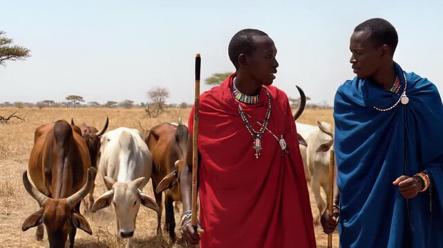 Maasai Herdsmen Guiding Cattle through Rural African Savanna
