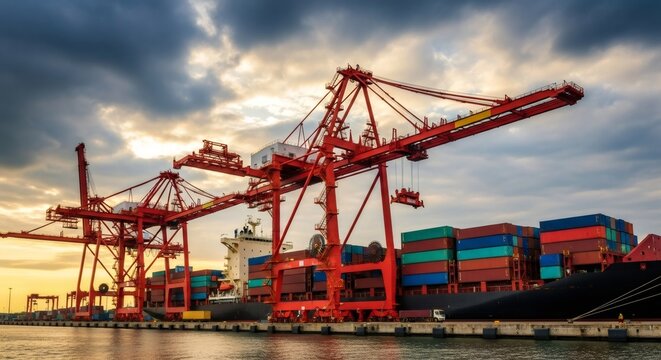 Large cargo container ship docked at port with huge red gantry cranes for loading and unloading. Global shipping and logistics.