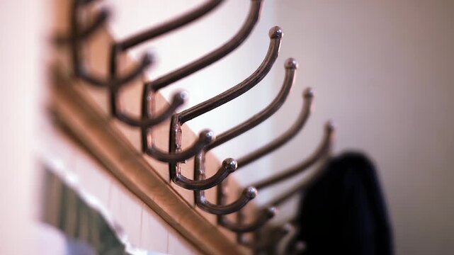 Vintage Metal Coat Rack Hooks, Interior Hallway Detail, Shallow Depth of Field - 4K