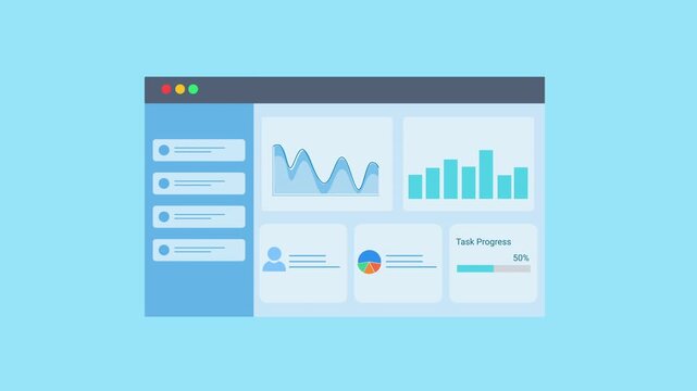 Animated flat dashboard interface displaying charts, graphs, and data panels in a browser window. Concept for data analytics, business reporting, statistics monitoring, and digital technology visualiz