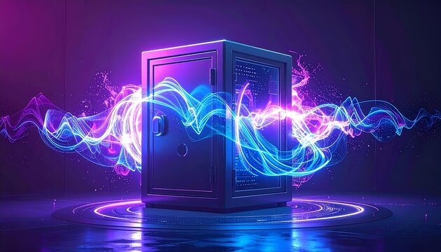 Cyber Security Data Vault Protection Concept with Neon Energy Waves and Digital Safe AI Technology
