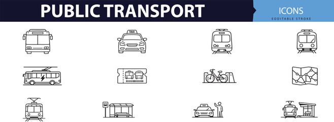 Public transport icons and vehicles illustrations