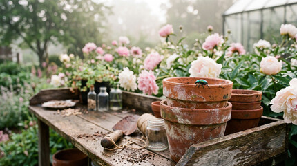 Gardening workbench with peonies and beetle