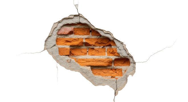 Damaged wall with exposed brick PNG isolated on transparent background, cracked plaster texture for construction and renovation projects