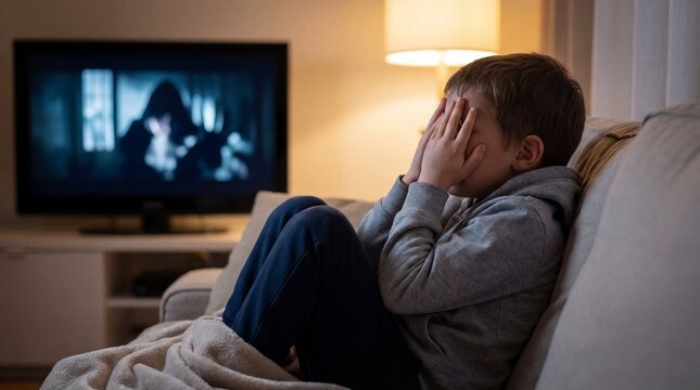 Young boy covering eyes while watching scary movie at home  