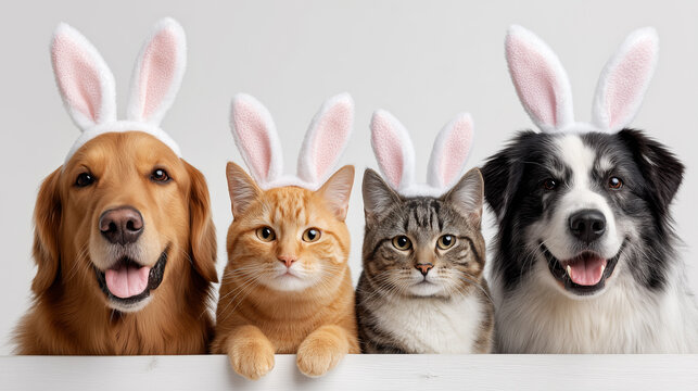 Cute dogs and cats wearing bunny ears looking over white border for Easter celebration greeting