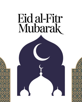 Eid al Fitr Mubarak with Mosque and Crescent Moon Design