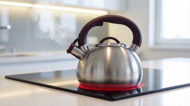 Stainless steel kettle steaming on induction cooktop in modern kitchen  