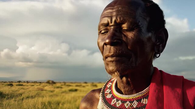 Wise Maasai Elder Looking at the Horizon in African Savanna