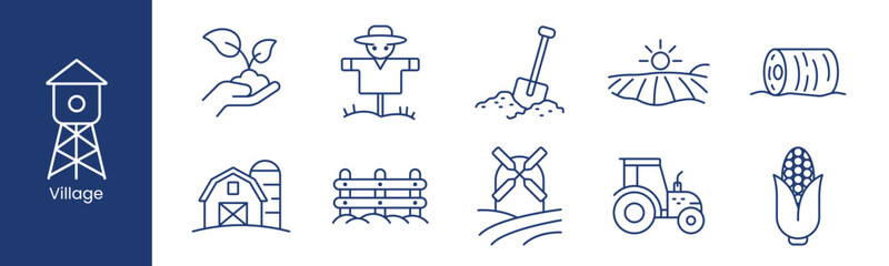 Village set icon. Collection with water tower, hand plant, scarecrow, shovel soil, sunrise field, hay bale, barn silo, fence, windmill, tractor, corn cob. © Кирилл Макаров