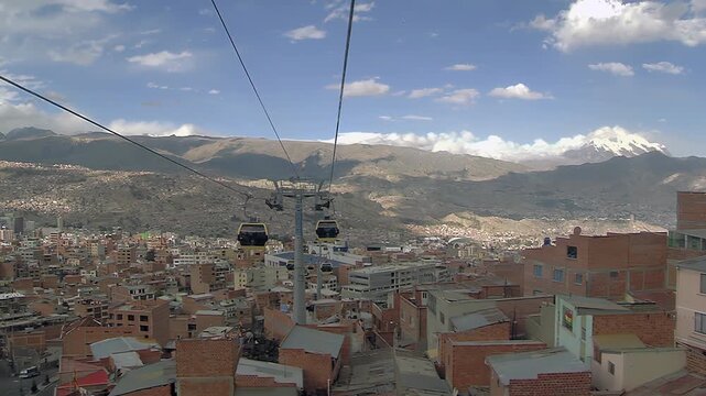 Cable Cars Over La Paz City With Illimani Mountain, Bolivia, South America - 4K