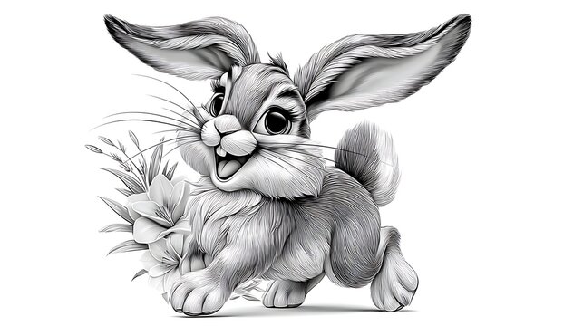 Detailed bunny sketch combined with elegant flowers high resolution image