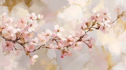 Fototapeta premium Elegant, vintage seamless repeatable pattern featuring cherry blossom branches, abstract gold and pastel accents