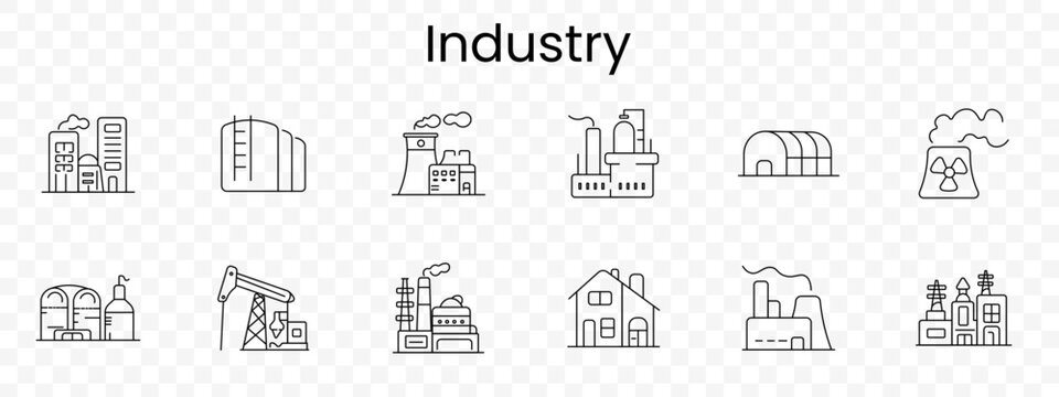 Industry set icon. Outline industrial facilities, factory buildings, storage tank, power plant, refinery, hangar, nuclear sign, pipelines, oil pump, plant complex, warehouse, energy station