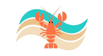 Obraz premium Illustration of a bright orange lobster against a turquoise and cream colored backdrop of rippling ocean currents.