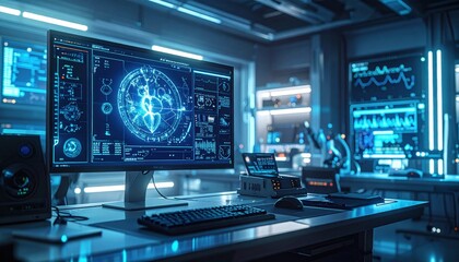 Fototapeta premium Advanced Computer Interface Displays Complex Scientific Data and Algorithms in a Futuristic Laboratory Setting