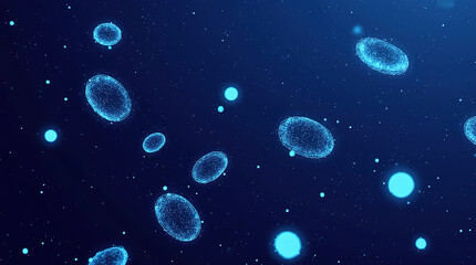 Naklejka premium Microbe bacteria illustration with glowing blue cells floating in a dark space, representing microscopic life forms in a digital art style