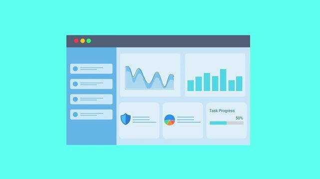 Animated flat dashboard interface displaying charts, graphs, and data panels inside a browser window. Concept of data analytics, business reporting, statistics monitoring, and digital technology visua