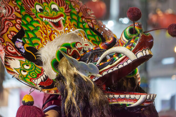 A vibrant traditional dragon mask with painted tusks and faux fur mane worn during a lively festival parade, showcasing intricate hand-painted patterns, cultural performance, and celebratory atmospher © AllDreams