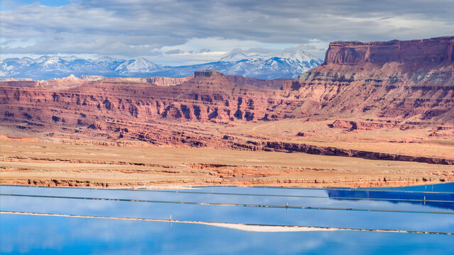potash evaporation ponds in the  Moab area in western Utah - aerial panorama view