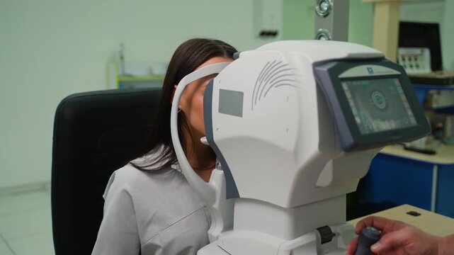 Ophthalmologist checking patient's vision with autorefractor keratometer
