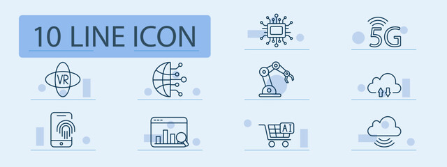Technology set icon. Microchip, 5g signal, vr headset, global network, robot arm, cloud upload, fingerprint scan, data analytics, ai cart, wireless storage, digital innovation.