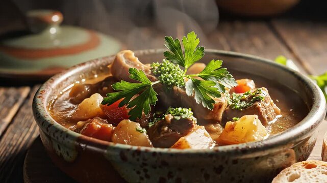 Close up of a steaming stew in a rustic bowl with fresh herbs and ingredients
