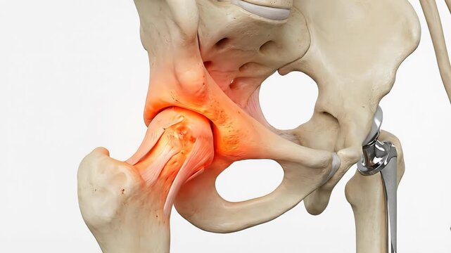 Anatomical animation showing the comparison between a painful arthritic human hip joint and a total hip replacement with a prosthesis, isolated on a white background for medical use