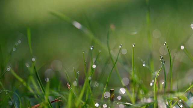 Morning dew drops in the grass. Close-up of Beautiful natural background with bokeh effect and soft blur.