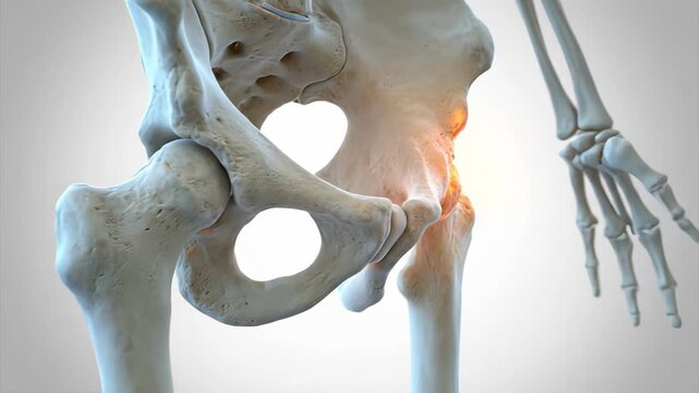 Medically accurate 3d animation of the human skeleton showing painful hip joint inflammation, a common symptom of arthritis, osteoarthritis, rheumatoid arthritis, or bursitis